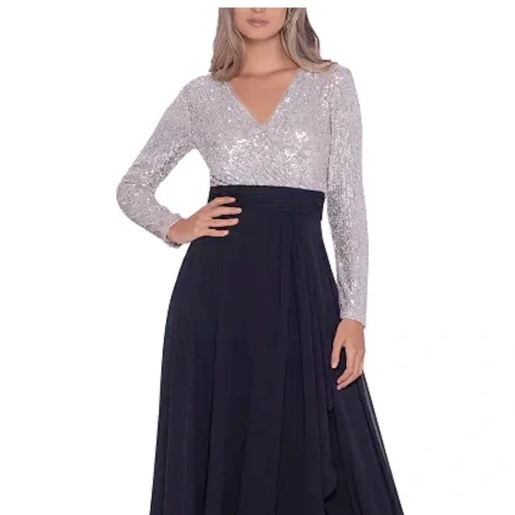 Xscape Women's Sequined Mesh Evening Dress - Long Sleeve Embroidered Gown For Formal Events - View #3